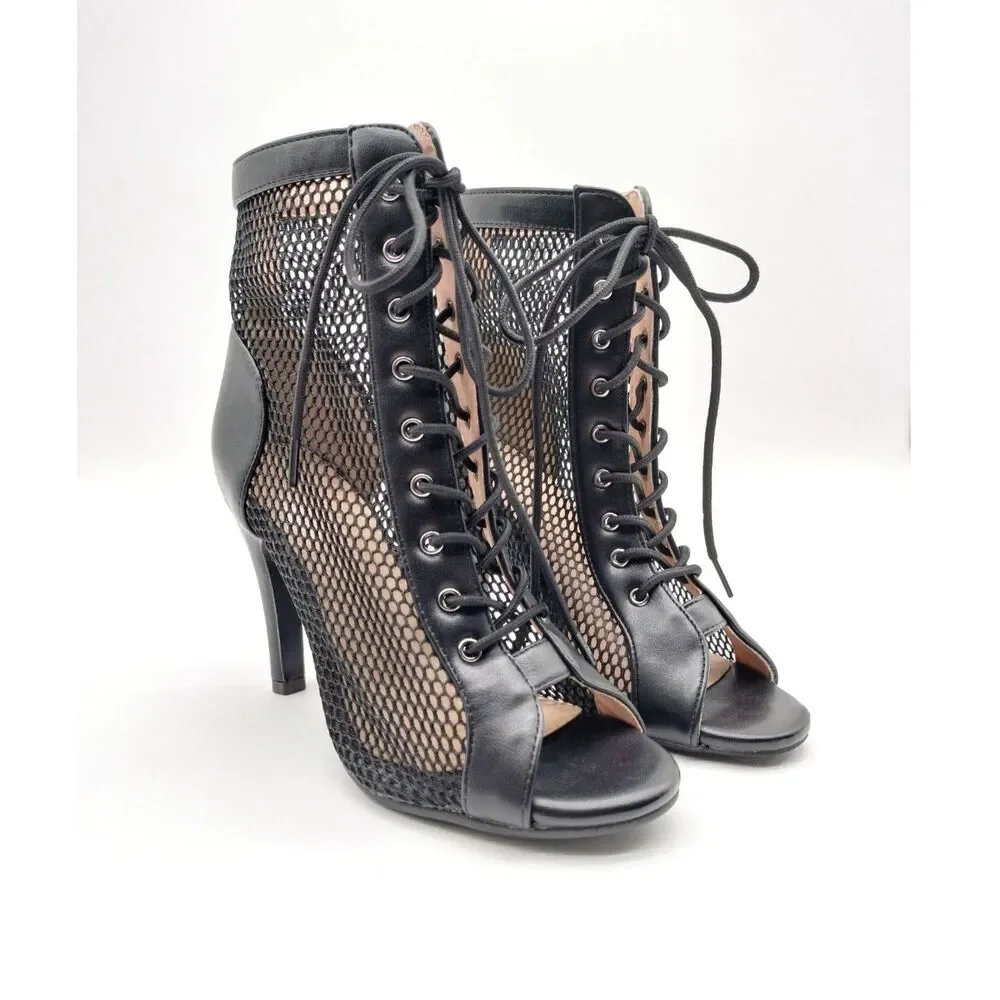 Dance and Sway Women's Size 6.5 Black Lace Up Mesh Stiletto Dance Ankle Booties
